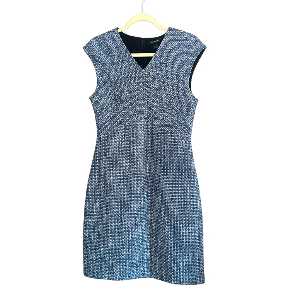 St. John‎ Tweed V-Neck A-Line Dress Black Blue Size 6 NWT